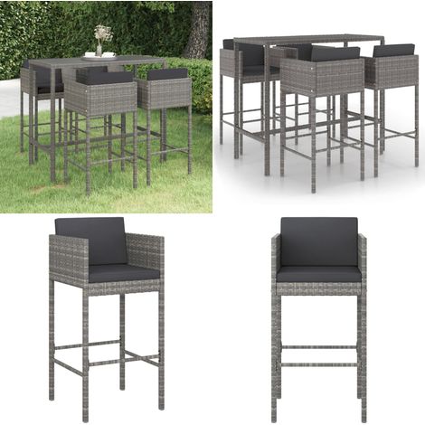 Ensemble de bar de jardin 5 pcs et coussins Résine tressée Gris - Salon De Jardin - Mobilier De Jardin - Set De Bar Extérieur - Ensemble De Salon De Jardin - Table De Bar - Home & Living