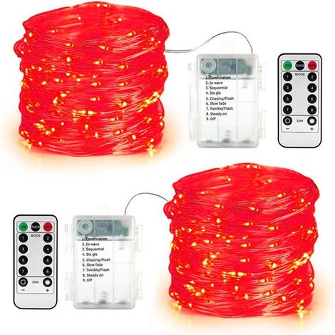 Juego de 2 guirnaldas de luces LED a pilas，10 m，100 LED，con mando a distancia，8 modos de iluminación，resistente al agua IP20，Morado oscuro (1/5)