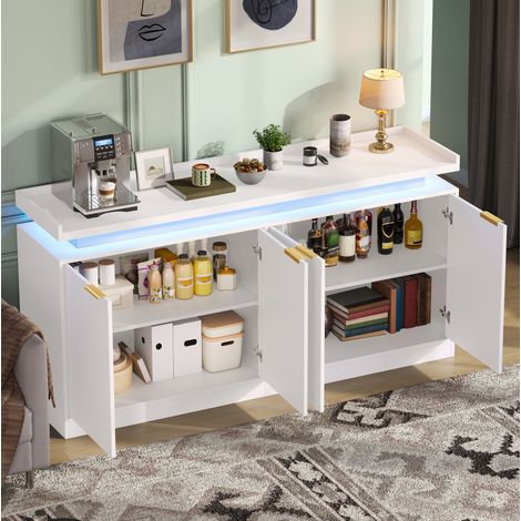 MODFU – Aparador de cocina 160x39x83 cm de MDF con LED RGB, compartimentos abiertos y cerrados, carga 60 kg – Blanco (1/5)