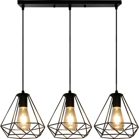 Suspension Luminaire Vintage Ø200MM Lustre Diamant Rétro Industriel Plafonnier Hauteur Réglable 3 Supports De Lampe Suspension Noir (1/5)