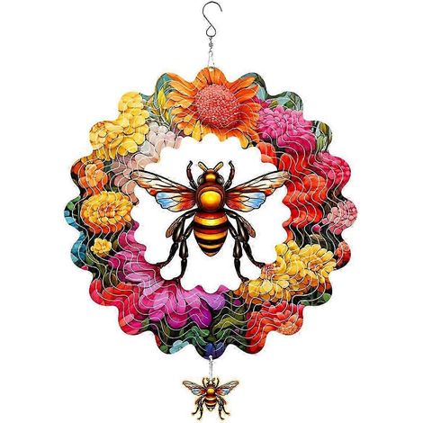 Girouette et carillon d'extérieur Mandala Abeille Fleurie - Art éolien décoratif pour jardin et terrasse au mouvement hypnotisant (1/5)