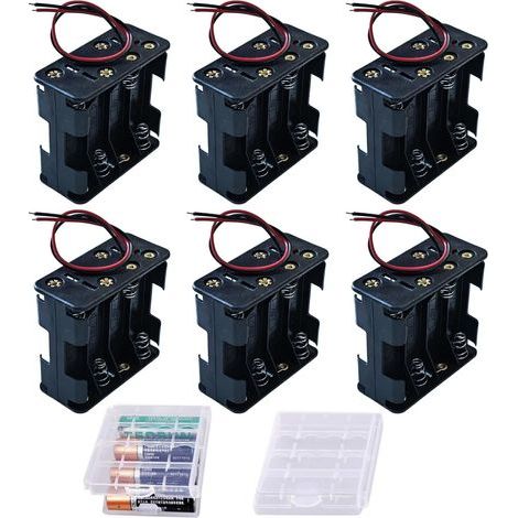 Set di 6 portabatterie per 8 batterie AA da 1,5 V e 12 V con alloggiamenti a doppia faccia, cavi neri e rossi, connettore e 2 scatole trasparenti per la conservazione delle batterie. (1/5)