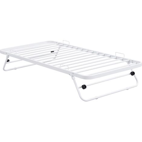 Vente-Unique – Lit d'appoint pliant 90 x 190 cm – Structure métal blanc – 120 kg max – 16 lattes – 4 roulettes – Montage facile