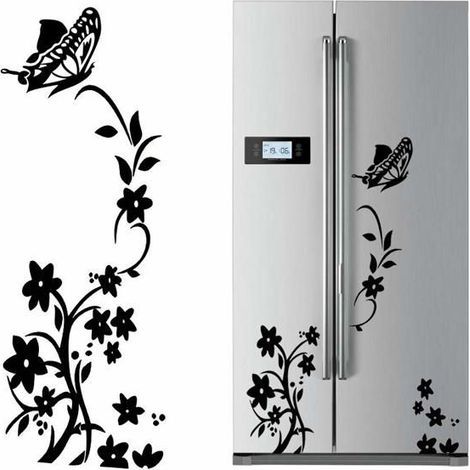 Set of 2 black butterfly and flower wall stickers, decorative decals for bedroom or living room.