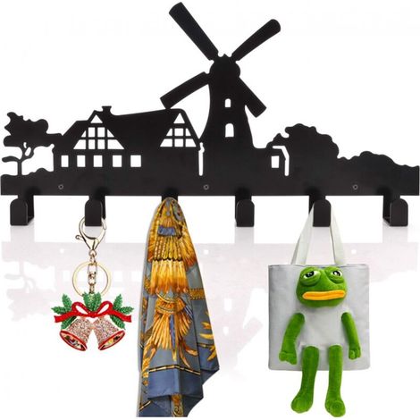 Wall-mounted coat rack with 6 hooks, metal coat rack, wall decoration for coats, hats, clothes, bags, keys or towels (windmill)