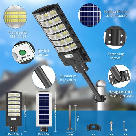 2 pcs Réverbère solaire, lampadaire d'extérieur 600 W LED Détecteur Mouvement, Télécommande IP65 Étanche, Minuterie Jardin