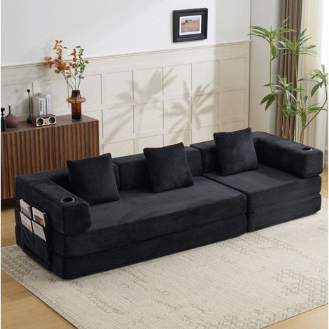 Sofá cama convertible de suelo en tejido efecto pana negro HAVRYA (1/5)