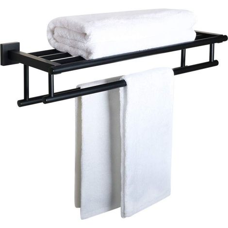 Double Barre Porte Serviette Mural de Salle de Bain, Support Serviette avec Étagère en Acier Inoxydable pour Cuisine Toilette, Longueur 60CM Noir Mat