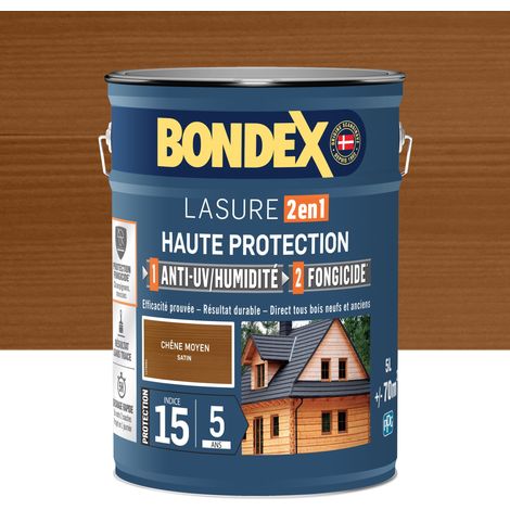 Bondex – Lasure extérieure 2 en 1 haute protection 5L – Chêne moyen – Anti-UV, fongicide, microporeux – Application facile sans trace