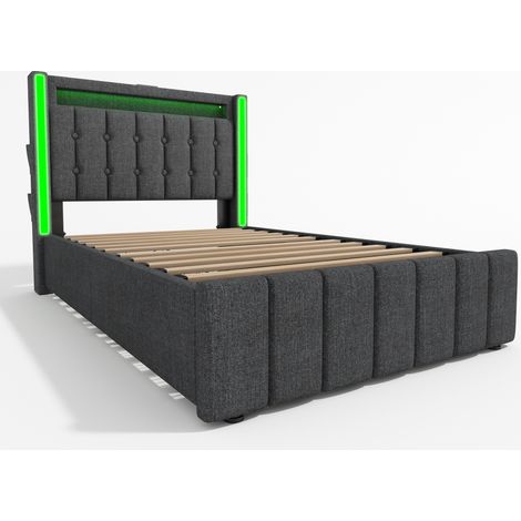 Polsterbett 90x200 cm Grau in Leinenoptik mit LED, USB, Typ C und 2 Schubladen HOMVRA (1/5)