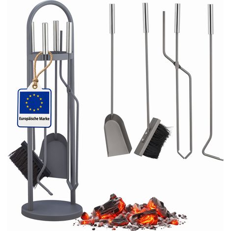 Relaxdays Kit de chimenea moderna, Cinco accesorios, Pala, Escoba, Pinzas, Atizador & Soporte, Gris