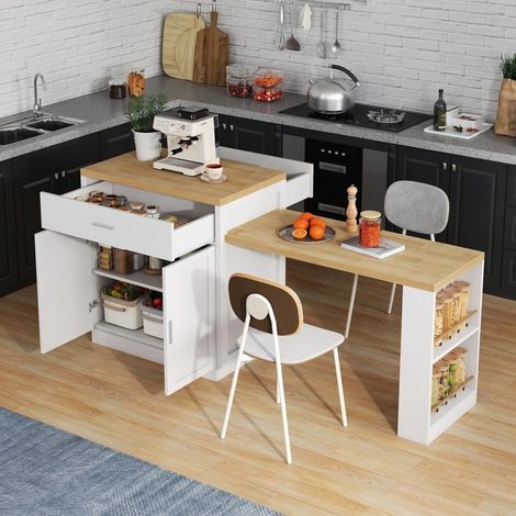 Isla de cocina con mesa extensible 188x55x92 cm en MDF blanco - CHICFURN (1/5)