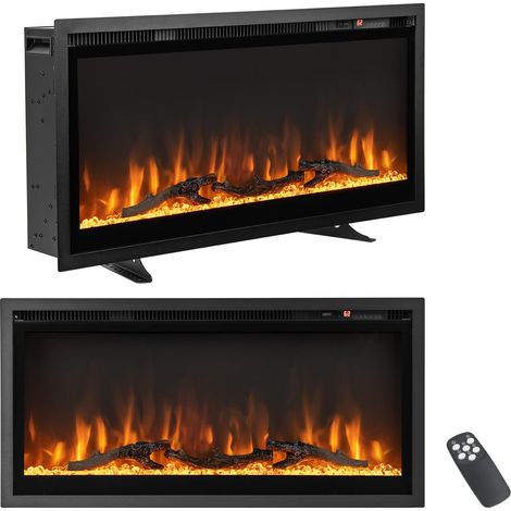 COSTWAY Chimenea Eléctrica de 91,5cm Empotrable en Pared, 750W/1500W Calentador con Control Remoto, Color y Brillo de Llama Ajustables, Termostato, Protección contra Sobrecalentamiento (1/5)