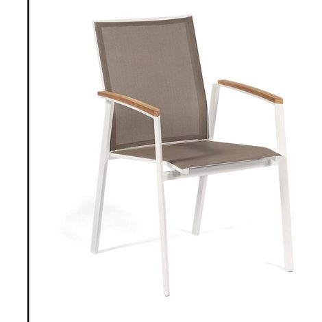 Stapelsessel Fresno Alu-Gestell weiß Tex tilgewebe taupe Armlehnen Teakholz Sonne