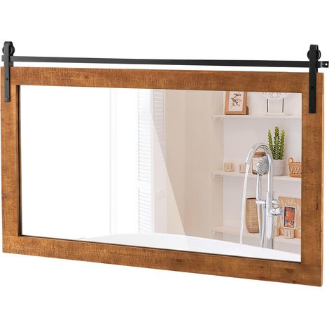Miroir Mural en Bois - 100 x 66 cm - Miroir rectangulaire avec Support en métal - Miroir Mural Rustique incassable pour Couloir, Salon, Chambre à Coucher (Marron Clair) (1/5)
