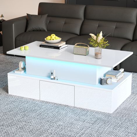 Table basse relevable - 4 tiroirs, LED, rangement caché - blanc - 100x50x40 cm (1/5)