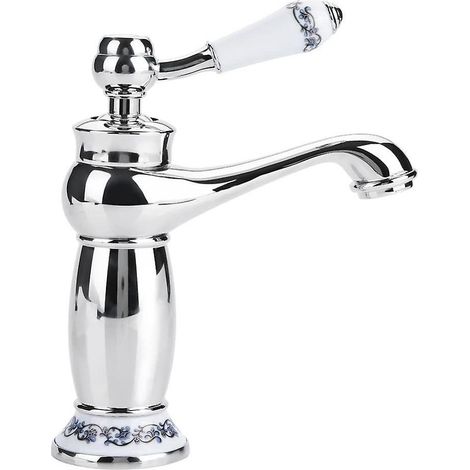 Robinet de lavabo rétro une poignée en laiton, col long en porcelaine bleu et blanc à motif floral, eau froide et chaude (1/5)