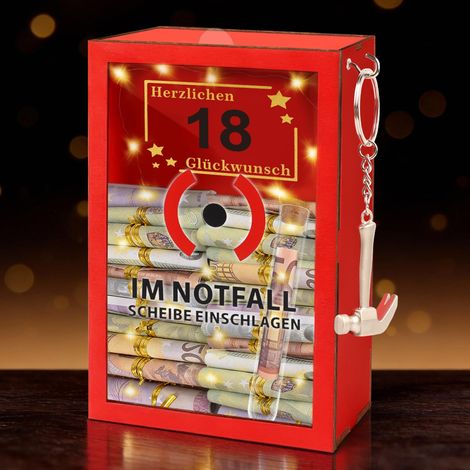 18e anniversaire garçon et fille – Cadeaux en argent 18 ans – Boîte cadeau d'urgence amusante avec éclairage LED et marteau décoratif – Boîte cadeau en bois (18 x 12 x 8 cm) – Cadeaux (1/5)
