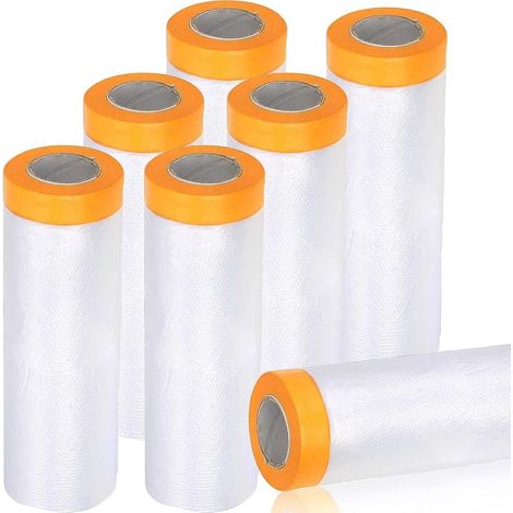 8 rouleaux de feuilles de poussière en plastique, 1.1m x 20m film de masquage pré-adhésif, rouleaux de film de masquage imperméable, feuilles de poussière en plastique pour la peinture, meubles (1/5)