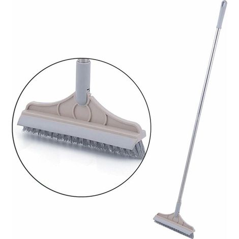 Brosse à récurer pour sol avec long manche et raclette 2 en 1 brosse à récurer le sol avec manche long essuieglace de salle de bain avec tête rotative à 120 degrés brosse de nettoyage (B kaki) (1/5)