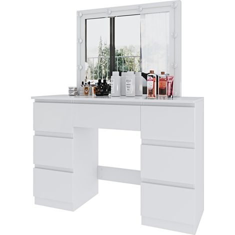 Toeletta Tavolino Da Trucco Tavolo Con 10 Luci LED Luminosità Regolabile Specchio Orizzontale Con 7 Cassetti Postazione Make Up In Legno Design Moderno 39.5 x 110 x 140.5 Cm Bianco