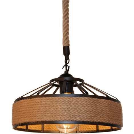 Retro Suspension Luminaire Industriel 30cm Noir , La lumière au plafond en fer Corde de chanvre Vintage Loft Lustre Plafonnier Décoration pour Salon, Cuisine, Restaurant, Bar