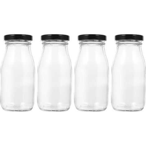 Lot de 4 bouteilles à lait en verre de 250 ml avec couvercles, pour réfrigérateur.-13.80X5.00X5.00CM-transparent (1/4)