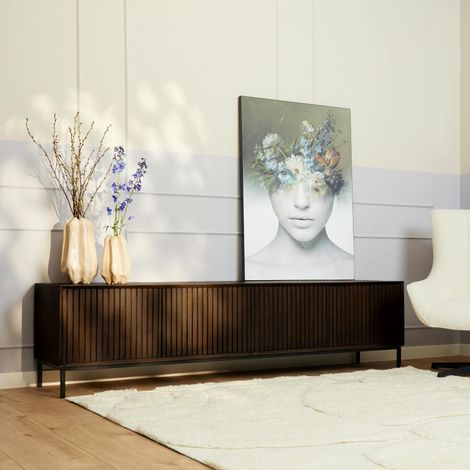 Meuble TV vintage bois brun 4 portes rainurées 210 cm CORTINA (1/5)
