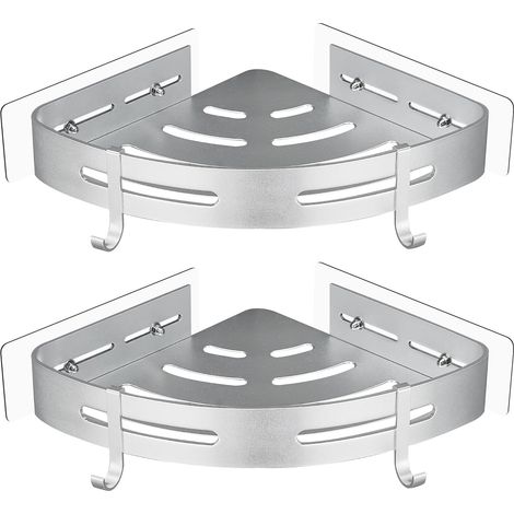 No Drilling Metal Shower Corner Shelf with 2 Shower Hooks, Self-Adhesive Rustproof Bathroom Item Holder, 2 Pack (Silver) (1/5)