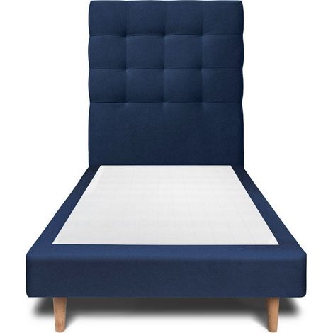 Lit 90x200cm avec tête de lit capitonnée velours et sommier tapissier Bleu - Hauteur totale : 29cm (1/4)