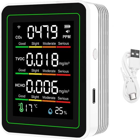 Eosnow Luftqualitätsmessgerät, Unterstützung für Tuya WiFi 5 in 1 CO2 TVOC HCHO Temperatur-Feuchtigkeitserkennungstester für den Innenbereich, tragbar, Weiß