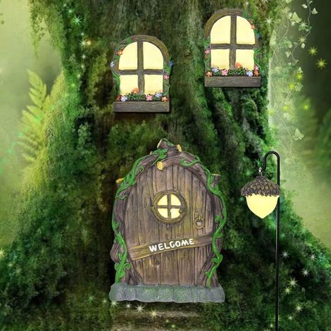 Juego de 4 miniaturas de puertas y ventanas de hadas, decoraciones de hadas en miniatura con luz, estatuas, puerta de hadas y árbol de gnomos con farola de cedro, brilla en la oscuridad.