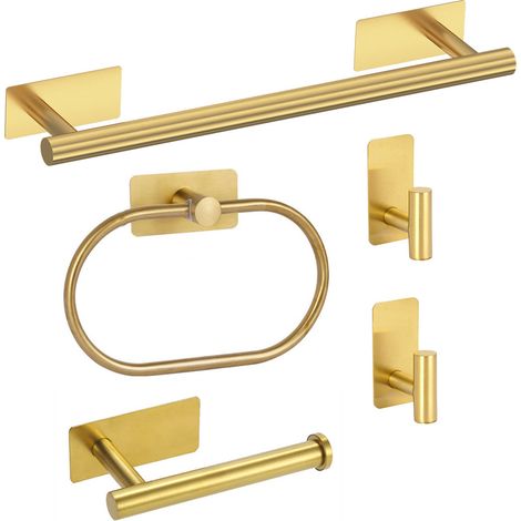 Set di accessori da bagno da 5 pezzi, portasciugamani, anello e gancio per asciugamani, non richiede foratura, oro