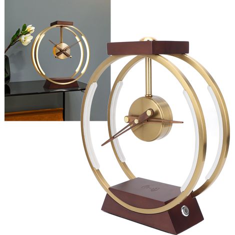 Horloge de table nordique moderne et luxueuse, lampe horloge rétro en fer forgé et bois, lampe de chevet minimaliste pour chambre ou salon, ornement luxueux (220 mm, double rond), norme européenne (1/5)