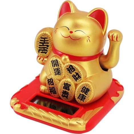 Chat Ondulant à l'énergie Solaire, Respectueux de l'environnement, Heureux Richesse Accueillant des Cadeaux Exquis, Porte-bonheur, Chat Porte-bonheur pour Voiture (Champagne de caractère chinois) (1/5)