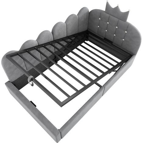 Cama de día 90 x 190 cm de terciopelo gris con almacenaje hidráulico y diseño corona (1/5)