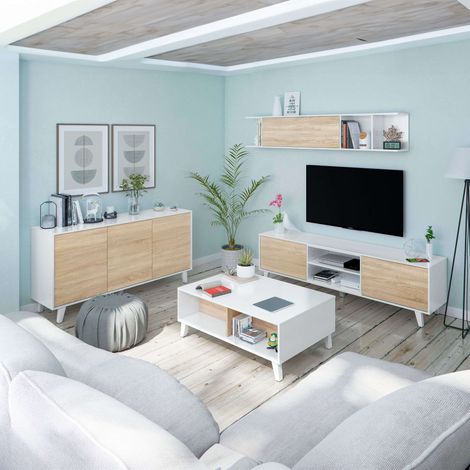 Pack Muebles Para Salón Completo Color Blanco Y Roble (mueble De Salón + Aparador + Mesa De Centro Elevable)