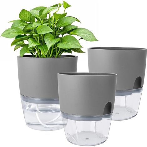 Pot à Herbes Lot de 3 Pots de Fleurs à Arrosage Automatique avec Système d'Irrigation - 18,2 x 11 x 15,3 cm - Cache-Pot avec Soucoupe - Idéal pour l'Intérieur et Les Jardins de Balcon (1/5)
