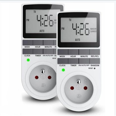 Prise Programmable Digitale, Minuterie Numérique Journalier/Hebdomadaire, Programmateur Prise Electrique avec Ecran LCD et Mode Aléatoire Antivol, Économie d'Energie, 16A/3680W Max (2 Packs) (1/5)