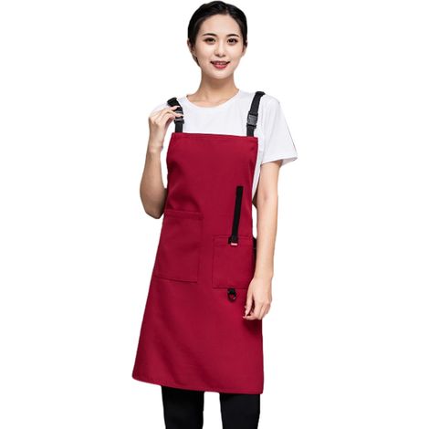 Tablier De Chef En Toile - Dos Croisé Imperméable Avec Grandes Poches - Pour Cuisine Bricolage Coiffure - Rouge - 1 Pièce (1/5)
