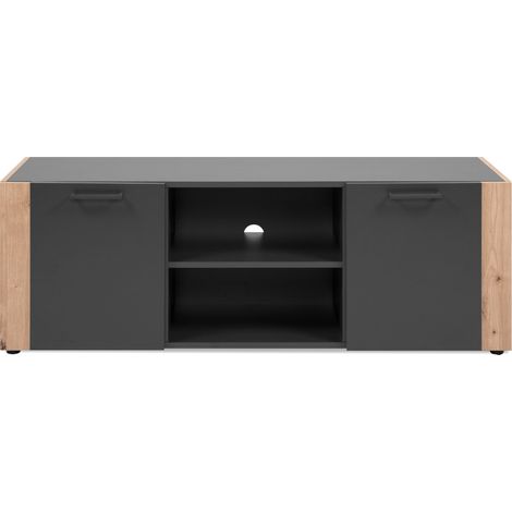 Mobile TV 2 porte, 2 nicchie aperte decorato grigio antracite e rovere artigianale L138 cm - LUMA