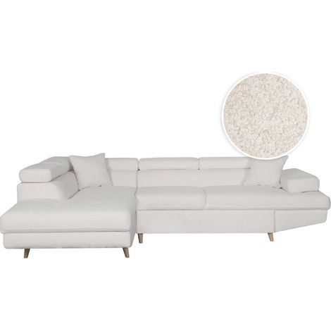 Canapé d'angle gauche convertible RIO Scandinave avec coffre en tissu bouclettes - Blanc, Pieds bois (1/5)