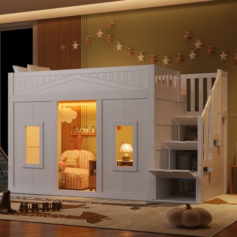 90x200 cm Lit Mezzanine Couchage et Rangement avec Escalier pour Enfant en Bois Blanc (1/5)