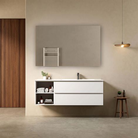 Mobile bagno sospeso 140 cm Bianco Lavabo a Destra in Resina Specchio Quadro - Fiji Paint Plus (1/4)