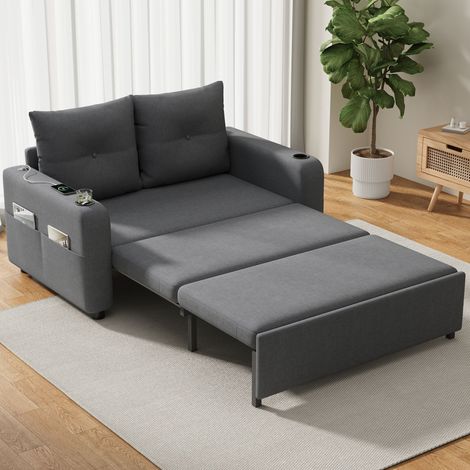 Canapé convertible 3 places en 1, lit d'appoint avec accoudoirs, rangements latéraux, coussins inclus, ports de charge USB, style contemporain, couleur gris anthracite. (1/5)