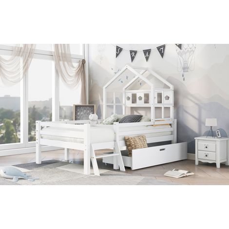 DESVIAE Lit mezzanine enfant avec échelle et tiroir de rangement 90 x 200 cm bois massif blanc avec sommier à lattes (1/5)