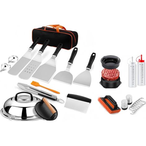 FLITI 27-Piece Barbecue Accessory Set with Carrying Case, Professional Kit for Griddle Plate, Burger Press Spatula, Stainless Steel Liquid and Spice Dispensers (1/5)