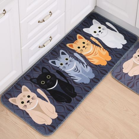 Tapis de Cuisine Antidéparant Absorbant en Flanelle Tapis de Sol Anti-Poussière Tapis d'entrée Tapis de Bain Paillasson Motif Chat 50x120cm