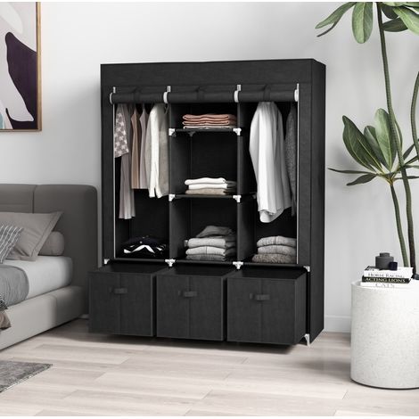 Armoire penderie 125x43x162.5 cm noire en acier avec housse zippée, 3 tiroirs en tissu et 5 étagères (1/5)
