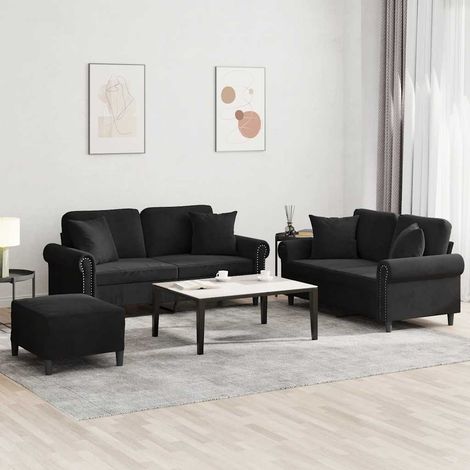 Ensemble salon 3 pièces avec 2 canapés 2 places, pouf et coussins noir velours - PANGIVO (1/5)